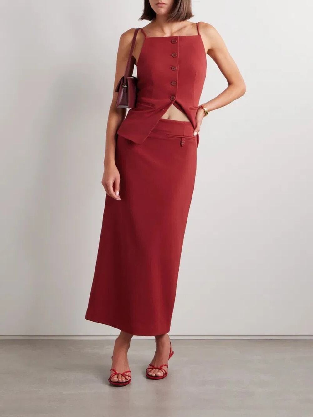 Staud NWT Smith Midi Column Crepe Skirt in Rogue Red Size 12